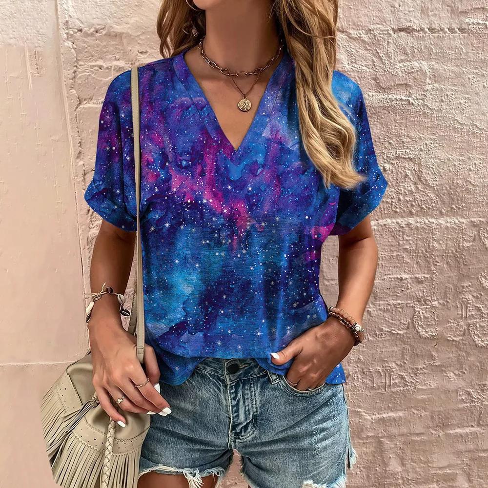 Summer Women Vintage T-shirt Fashion Graphic V-Neck Tops Tees Female Casual Short Sleeve Clothing Ladies Stylish Outfit