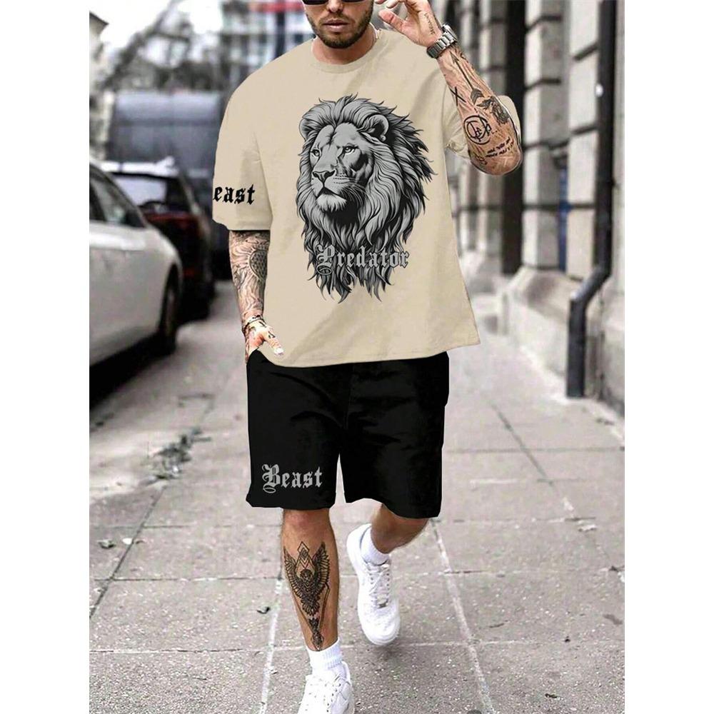 2024 New Crew Neck Short Sleeve T-shirt Fashion Shorts Set 3D Lion Print Short Sleeve Shorts 2-piece Men's Summer Sports Set