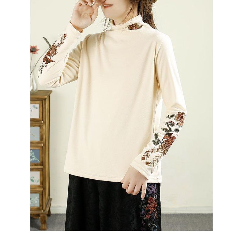 Otoño Invierno Cuello Medio Alto Estilo Étnico Vintage Bordado Jersey Top Mujer Manga Larga Camiseta Básica