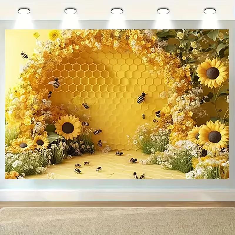 2D Flat Printing Party Backdrop Vibrant Bee and Sunflower Garden Scene