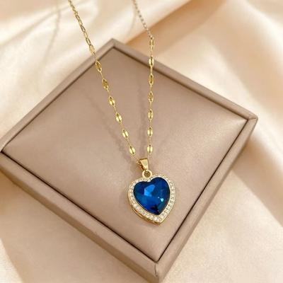 Titanium Steel Blue Diamond Love Heart Clavicle Chain Elegant Daily Women Necklace