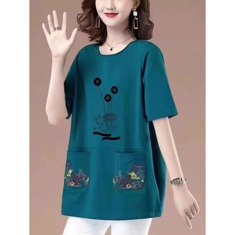 Long Length Pure Cotton Short-Sleeved T-shirt for Women Summer New Arrival Loose Plus Size Middle-Aged Ladieswear Loose Tummy Hiding Slimming Tops