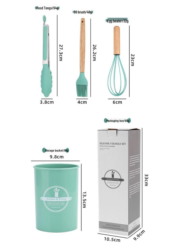 12-Piece Non-Stick Silicone Kitchenware Set: Food-Grade Wooden Handle, Includes Spatulas & Spoons, with Storage Bucket