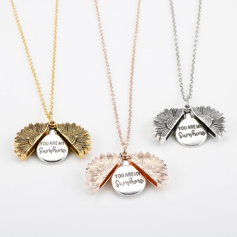 Sunflower Layer Double Locking Necklace With Engraved Flower Pendant Couples For