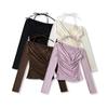 Autumn 2025 Women's Lace Trim Halter Neck Off-Shoulder Slim Long-Sleeve T-Shirt
