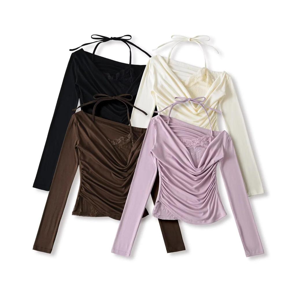 Autumn 2025 Women's Lace Trim Halter Neck Off-Shoulder Slim Long-Sleeve T-Shirt
