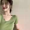 V-neck knitted sweater women's summer ice silk T-shirt new short-sleeved bottoming shirt women's slim top