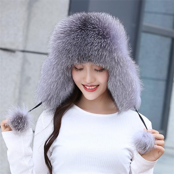 New 100% Real Fox Fur Hats Women's Russian Ushanka Aviator Trapper Snow Skiing Hat Caps  Winter Raccoon Fur Bomber Hat