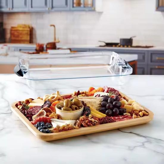Bamboo Serving Tray with Lid 6-Compartment Party Platter for Cheese Fruits Multifunctional Charcuterie Board for Kitchen Cooking Family Party Gift