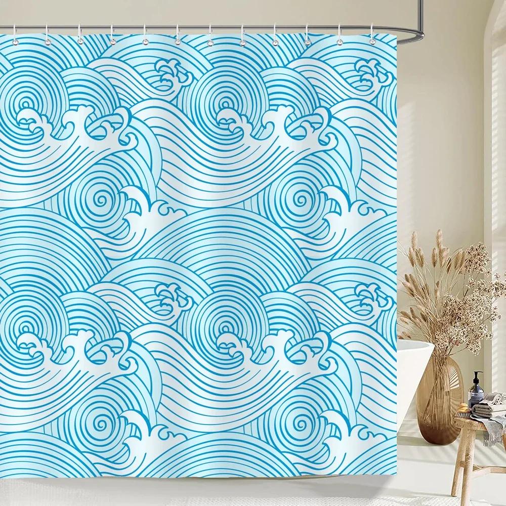 Waterproof Polyester Fabric Shower Curtain Japanese-Style Waves Samurai Landscape 3D Printing Bathroom Decor Shower Curtains