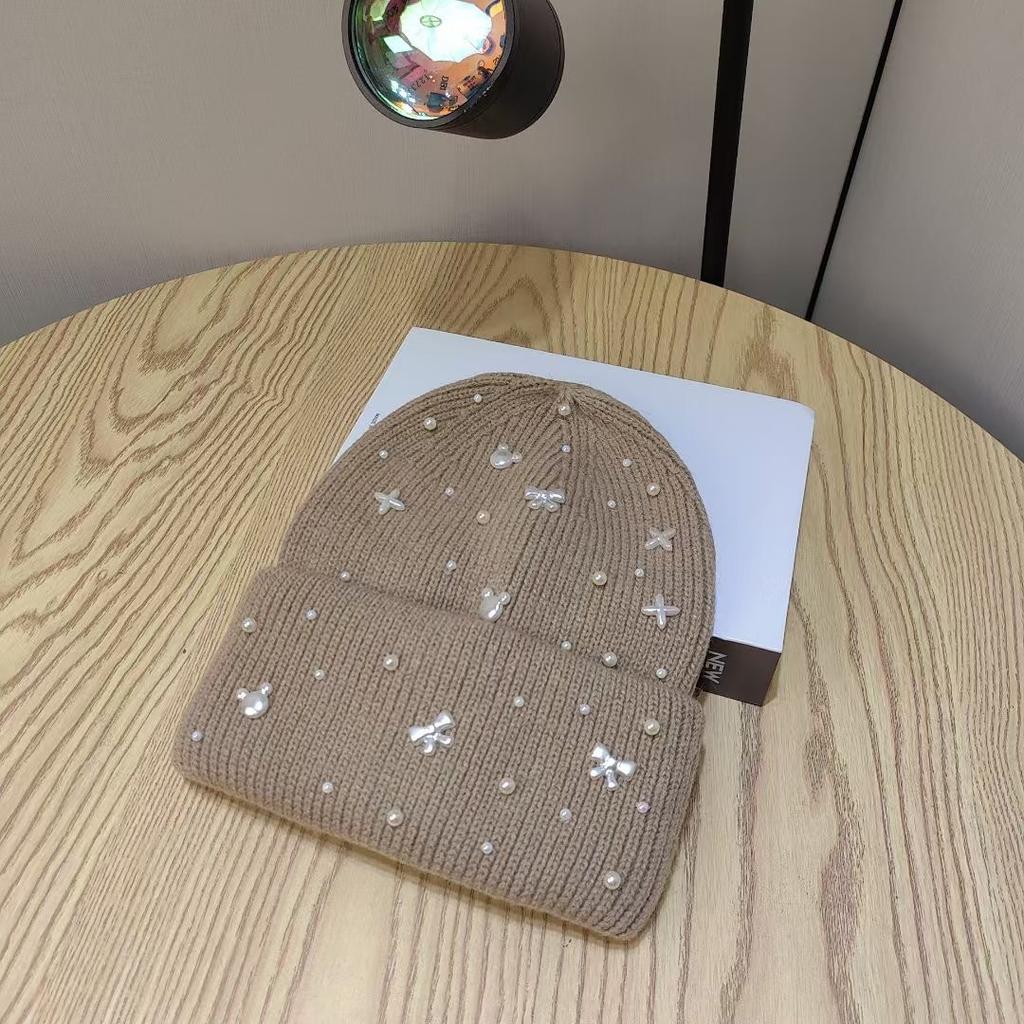 New Pearl Bow Light Luxury Wool Hat for Women with Big Head Circumference Showing Small Cold Protection Ear Protection Knit Hat for Women