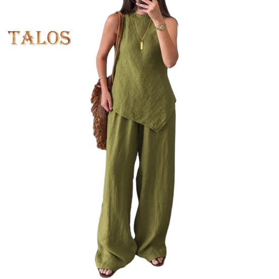 

Женский комплект из двух предметов с неровным подолом, безрукавка, топ с круглым вырезом, широкие брюки, летний повседневный спортивный костюм S зелёный