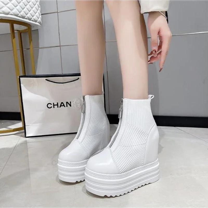 Moda 2024 Nuevas Botas de Tobillo de Invierno para Mujer Botas de Plataforma de Calidad Moda Femenina Bota Corta Tacón Alto Negro 13.5cm Cremallera Zapatos de Calceta para Mujer