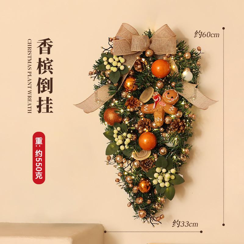Handmade PVC Christmas Wreath Hanging Ornament Indoor Small Pine Needle Cones with Upside Rattan Bow Pendant Indoor Decorations