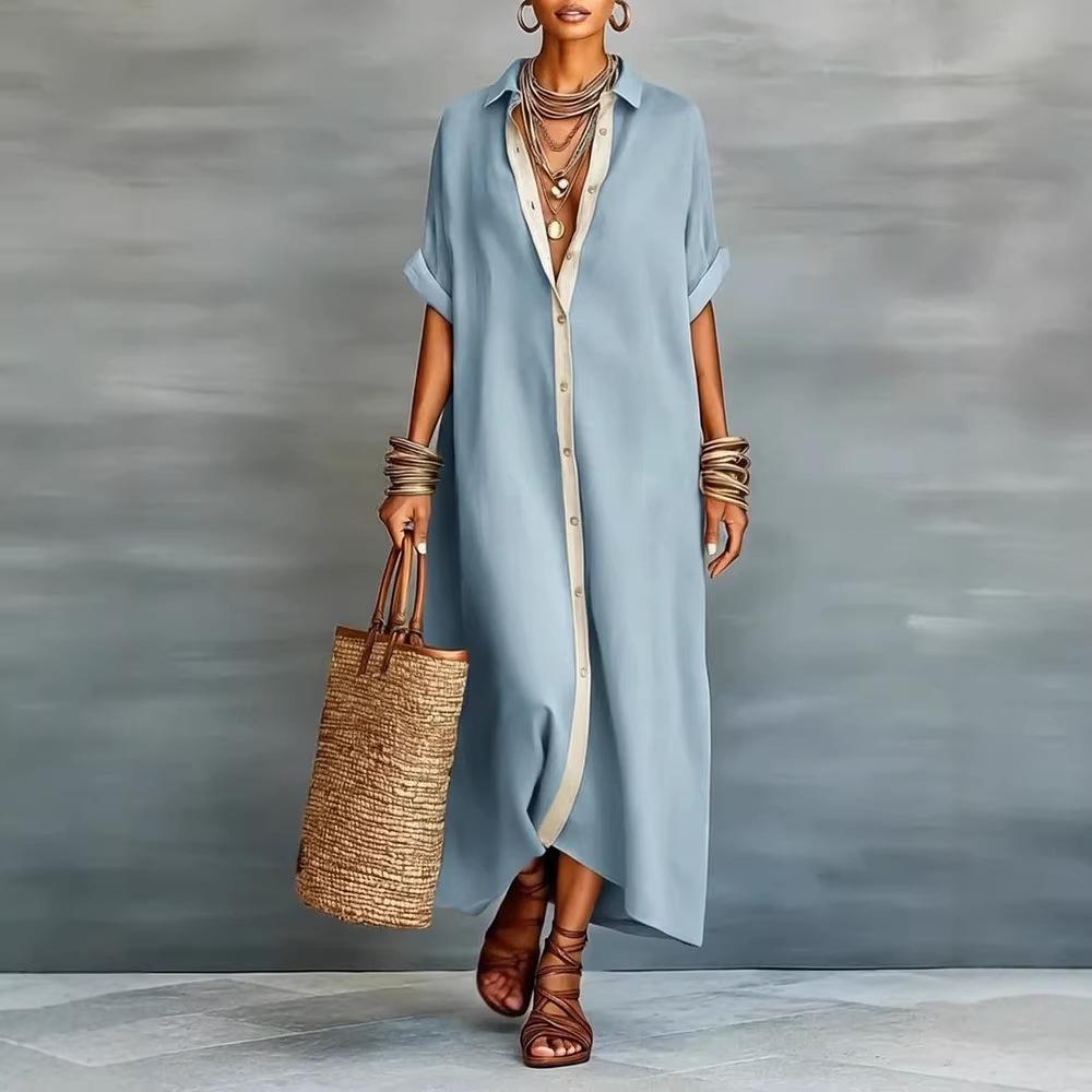 Spring 2026 Women's Color-block Cotton Linen Shirt Dress