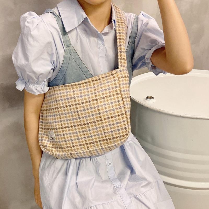 0 Niche Woolen Navy Blue Grid Shoulder Bag Bag Versatile Underarm Bag Large Capacity Satchel Small Square Bag