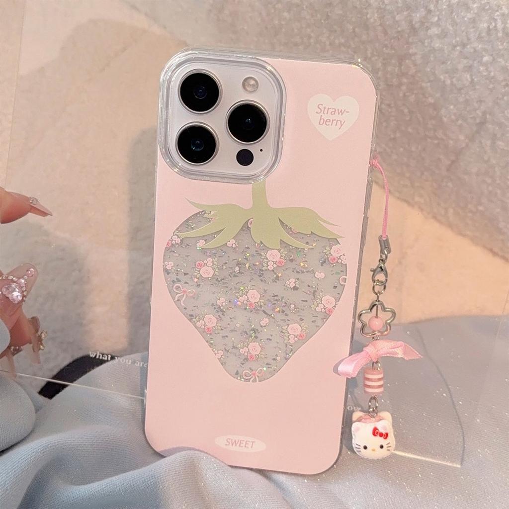 Strawberry Pulverized Flowers Suitable for Apple 17promax Mobile Phone Case 15 Fresh Sweet Iphone14 Glitter Powder 11 Pendant