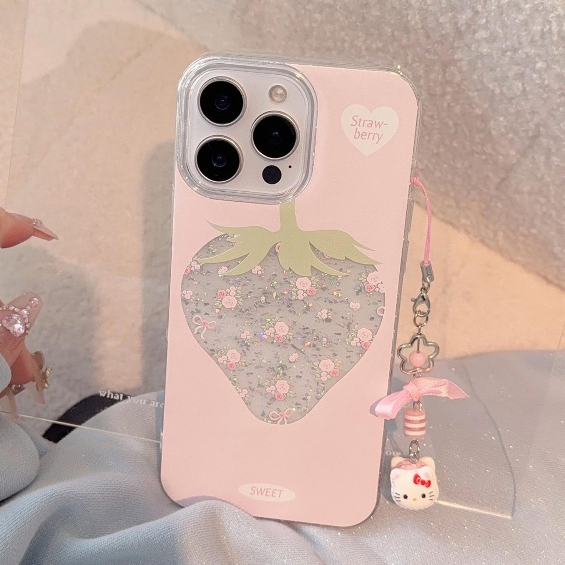 

Чехол для мобильного телефона Apple 17 Promax с цветком Strawberry Crush 15 Свежий и милый для IPhone 14 Блестящий 11 Подвеска 17promax