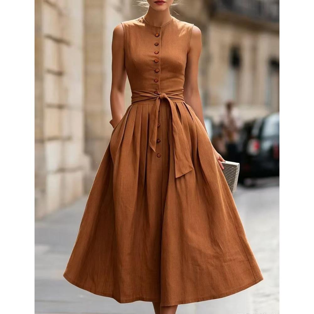Women's Crew Neck Sleeveless Midi Dress Slim Fit Mid Waist Elegant Linen Blend Solid Color Button Front Tie Belt A-Line Dress