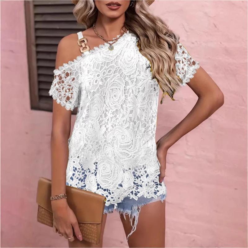 Women's Summer T-Shirts Lace Splicing Metal Buckle Off Shoulder Short Sleeve Hollow Out Pullover Top