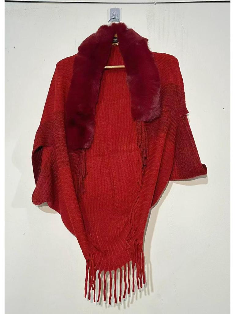 Autumn & Winter High-End Knit Cardigan: Color-Blocked Cloak Shawl with Large Fur Collar & Tassels, Korean Style Outerwear.