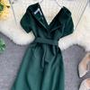 French Elegant New One Piece Dress Women V-neck High Waist Ruffles Sweet Party Dresses Female Korean Fashion Bow Vintage Fairy Dress 2024
