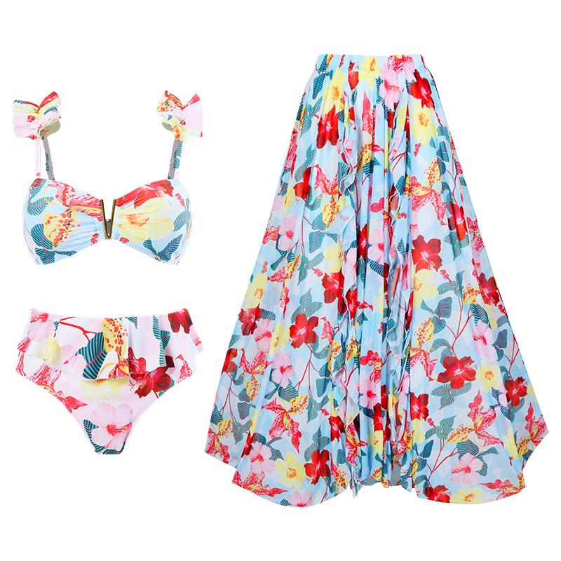 2023 European & American Split Conservative Swimsuit with V Iron Mesh Wrap Skirt Set