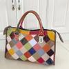 Style Sub-Leather Women'S Bag Handbag Colored Cowhide Rhombus Splicing Shoulder Messenger Bag Casual Big Bag