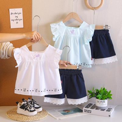 Chic 2026 Girls' Puff Sleeve Lace Two-Piece Summer Set