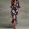 Women's Sexy Deep V Neck Ruffles Maxi Dress Spring Elegant Floral Print Mermaid Party Dress Summer Flare Sleeve Satin Long Dress