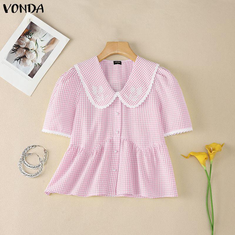 VONDA Zomer Dames Poppenkraag Korte Mouw Geruite Print Casual Blouse Tops