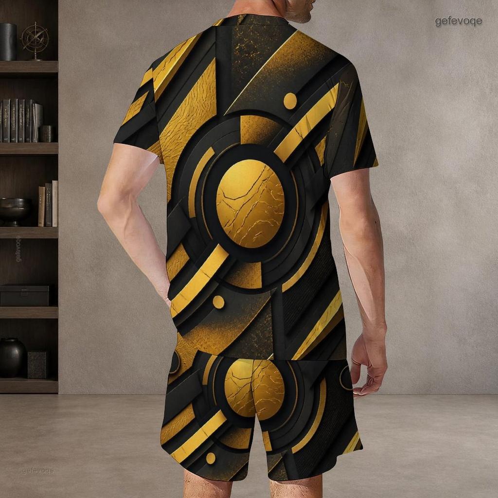 Men s Plus Size Green Black Printed Round Neck Short Sleeve Top And Drawstring Shorts Set