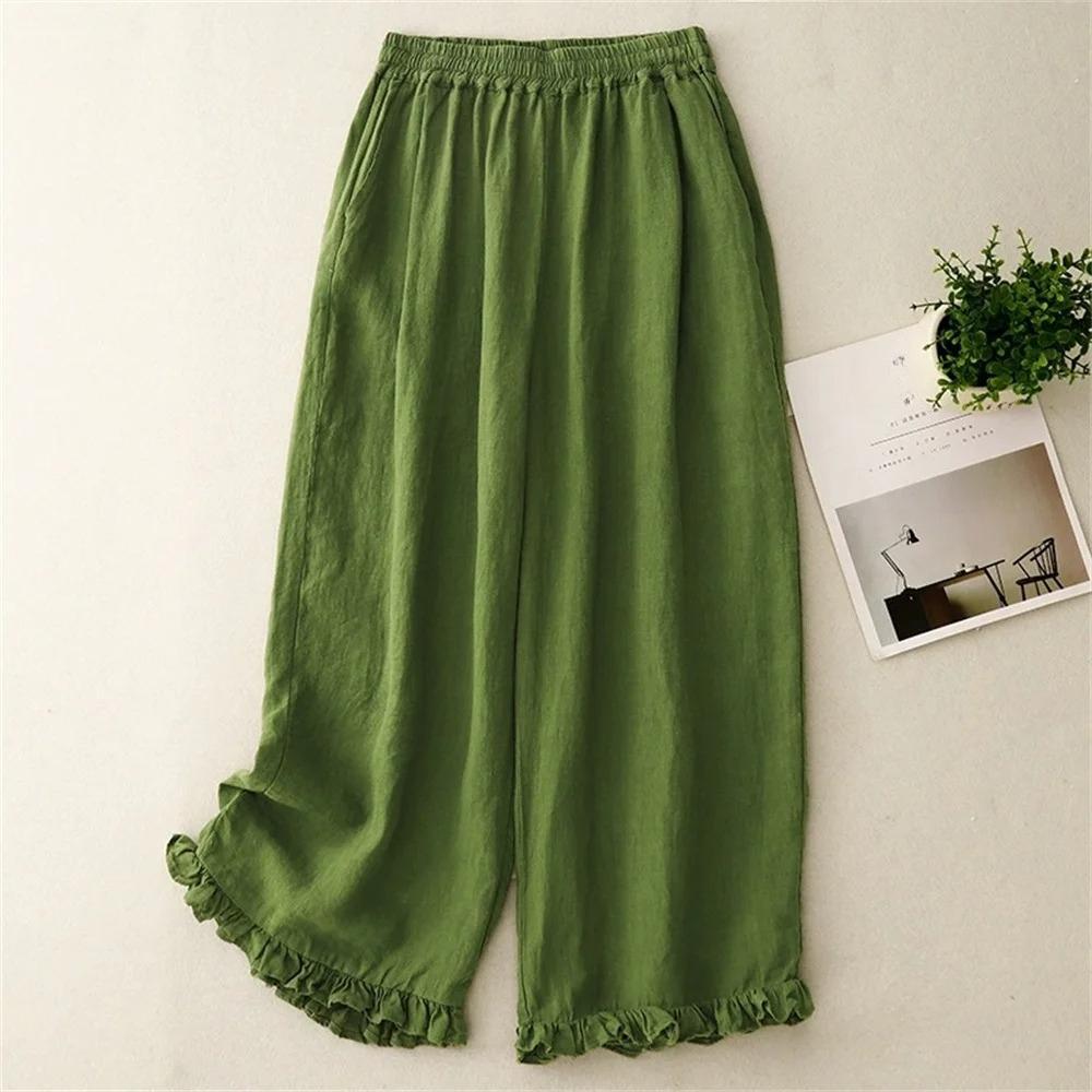 Wood Ear Trim Cotton and Linen Wide-leg Pants Women's Summer Loose Slimming Casual Cropped Pants Linen High-waisted Lantern Pants