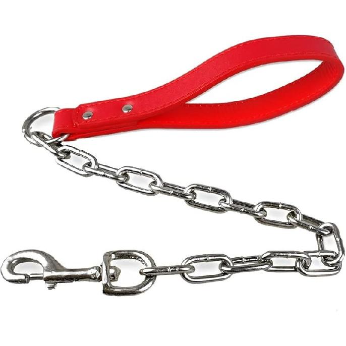 Didog 28 inch Length Heavy Duty Anti-bite Dog Giant Chain Leash with Leather Handle красный