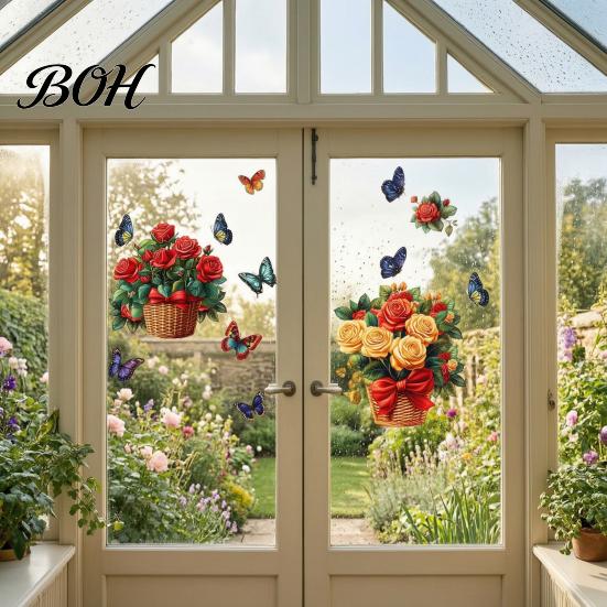 Party Decoration Floral Wall Stickers Rose Flowers with Butterflies, PVC Waterproof Decals, Removable Peel And Stick Art Decor, Murals for Home Living
