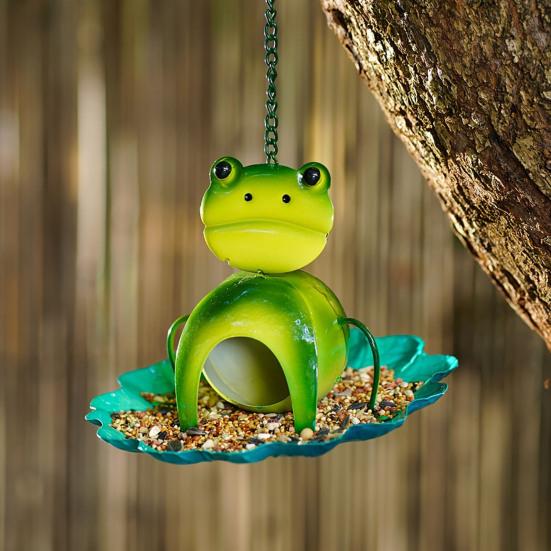 Frog Birds Feeder with Detachable Lotus Platform Tray Outside Hanging Metal Birds Feeding Station Outdoor Garden Yard Decoration