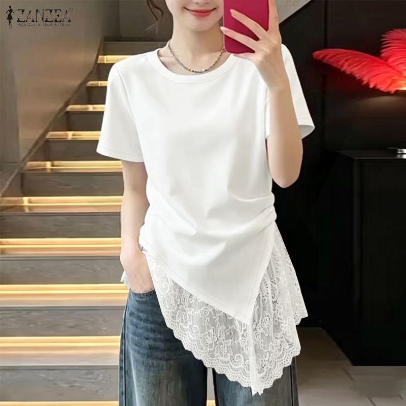 ZANZEA Women Casual Lace Splice Irregular Hem Summer Short Sleeve Blouse Tops M белый