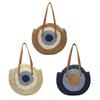 Women Woven Round Straw Rattan Bag Female Color Patchwork Shoulder Crossbody Handbag Vacation Coast Ratton Woven Shoulder Pouch