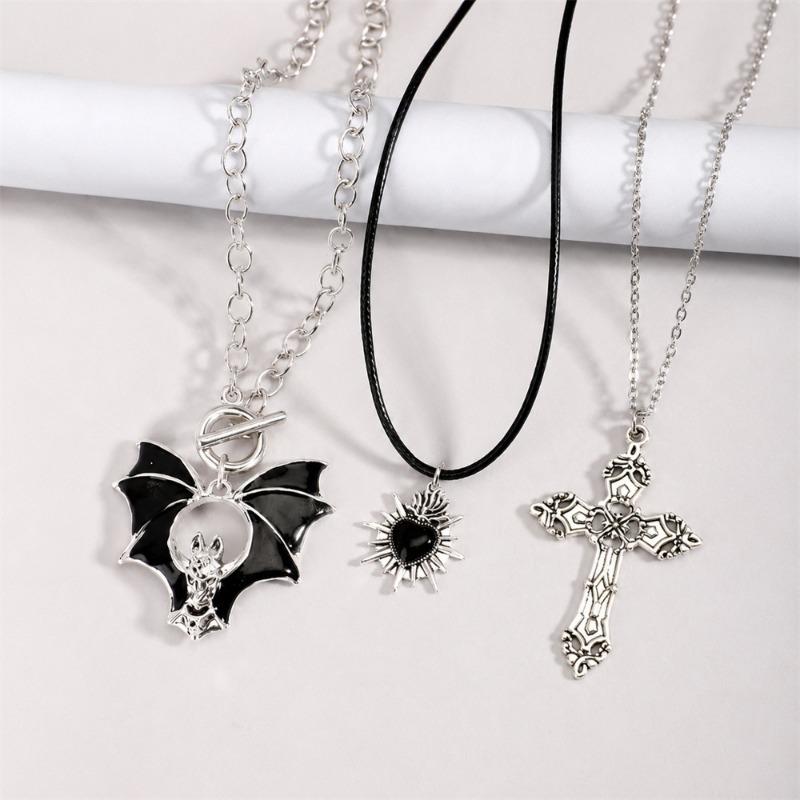 Multi Layer Black Beaded Cross Bat Heart Star Gothic Stacked Clavicle Necklace For Women