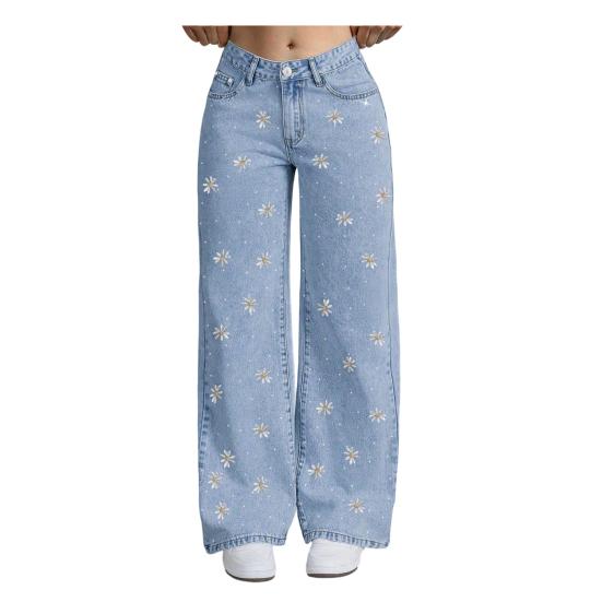 Girl's Bow Cherry Print Baggy Jeans, Wide Leg Mid Waisted Denim Pants, Zipper Fly Elastic Casual Jeans Streetwear with Pockets