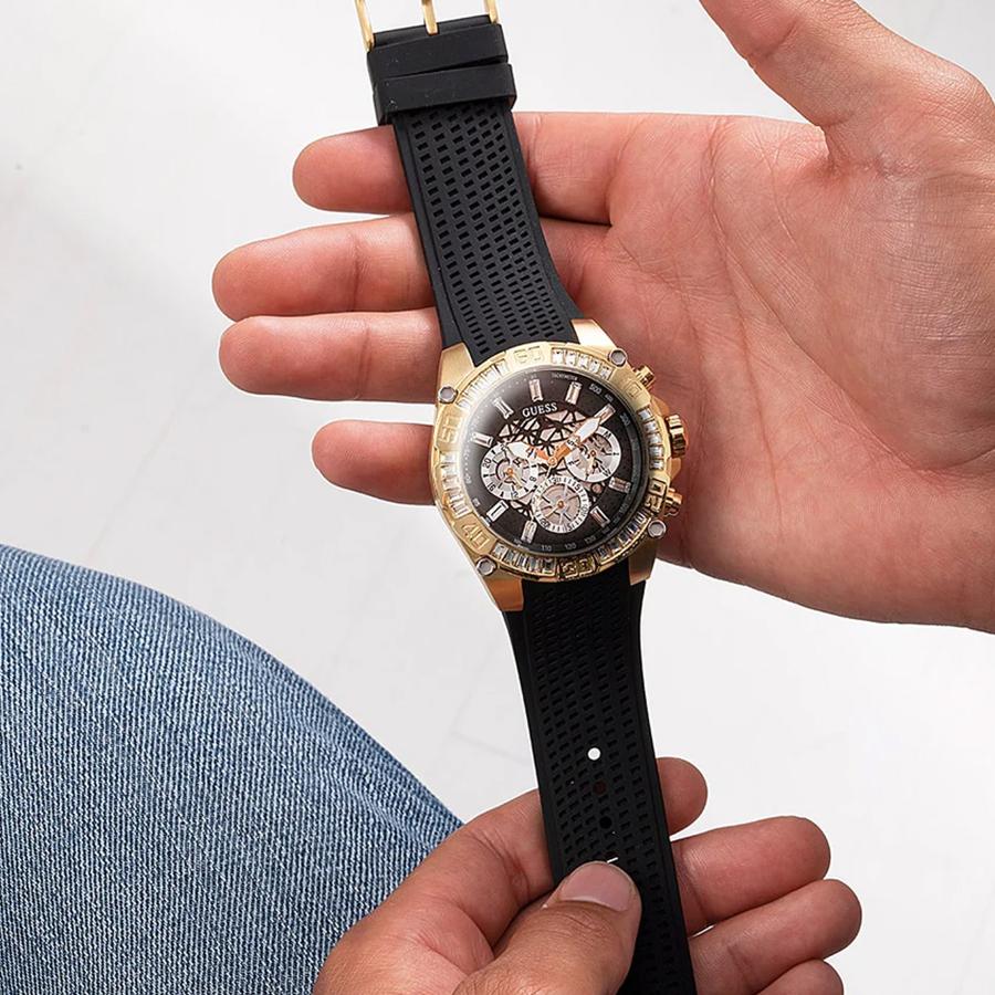 Guess Hodinky Mužské Guess Multifunkčné Quartz Hodinky - Zlatý Nerezový Remienok, Kryštálový Trendy Ciferník, Módne Hodinky pre Mužov