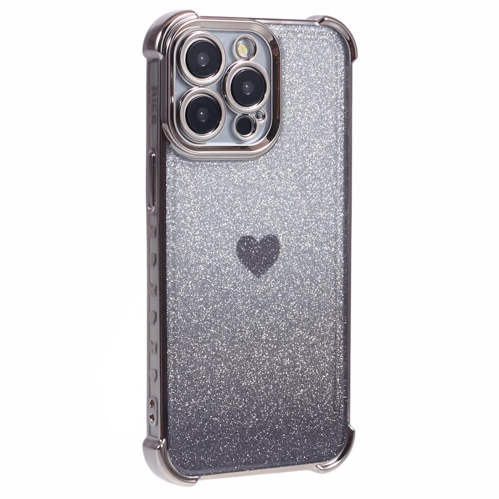 For iPhone 15 Pro Max Case Electroplating Glitter TPU Phone Cover Heart Pattern -  Grey
