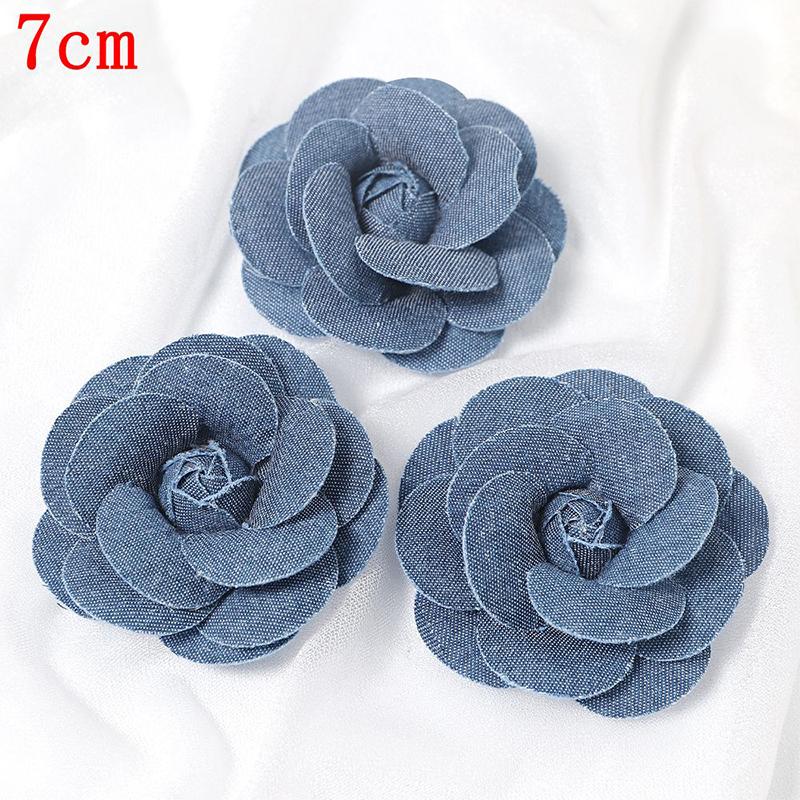 3/5Pcs 3.5/4.5/5/7/7.5CM Denim Artificial Blue Fabric Camellia Flower for Wedding Decor Women Handmade Cloth Corsage Accessory