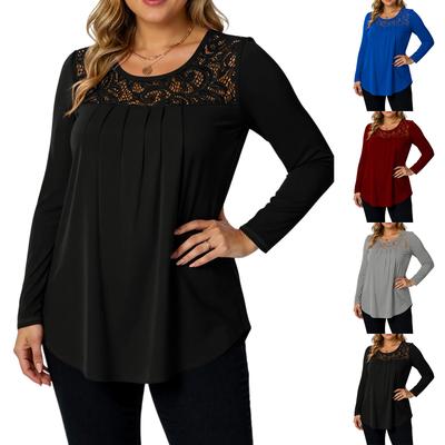 T-shirt da donna casual e alla moda a maniche lunghe in pizzo a girocollo tinta unita taglia plus
