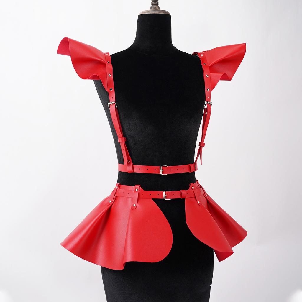 Costum cu volane la modă, Rochie din piele ecologică cu garnitură pe umeri, Accesorii de modă, Curea de damă cu garnitură pe umeri din piele ecologică Dr