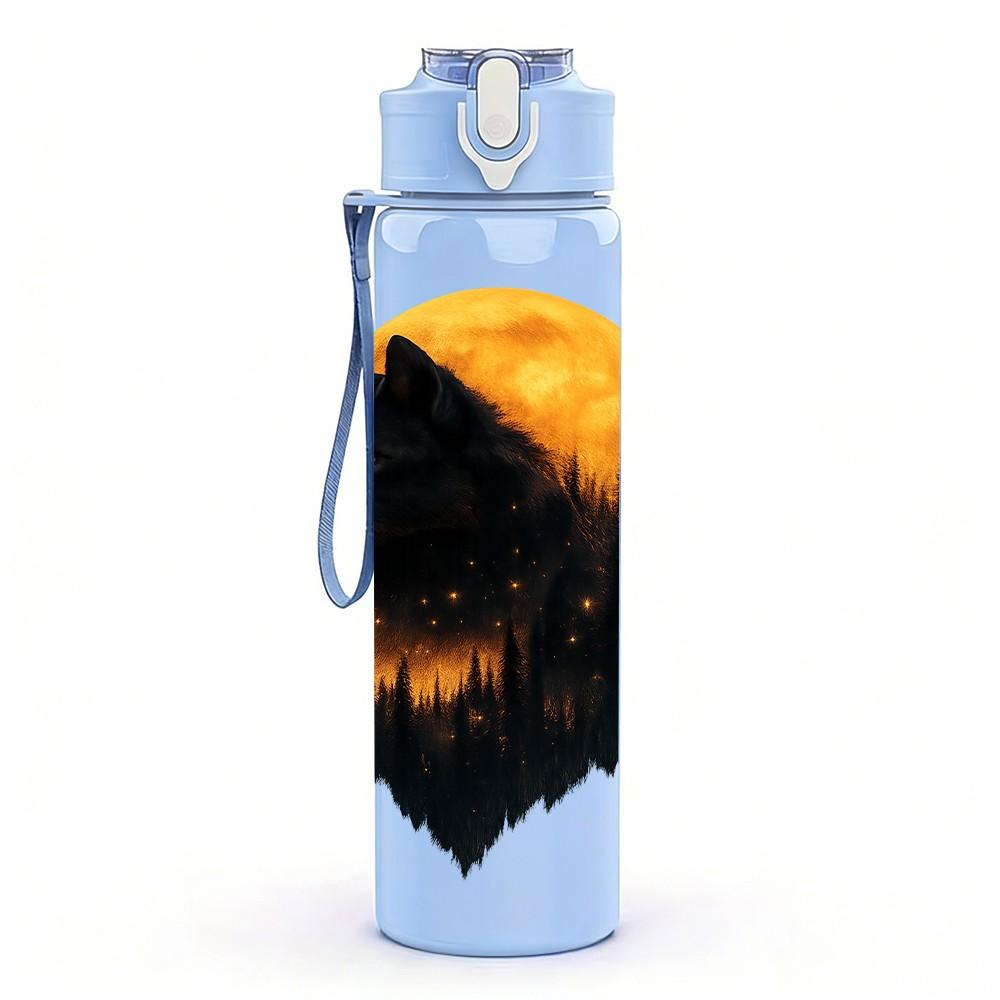 1PC Wolf Moon Dark Portrait 750ml Color Plastic Sports Water Bottle Leakproof Flip Straw Lid Suitable for Sports Office Home Use