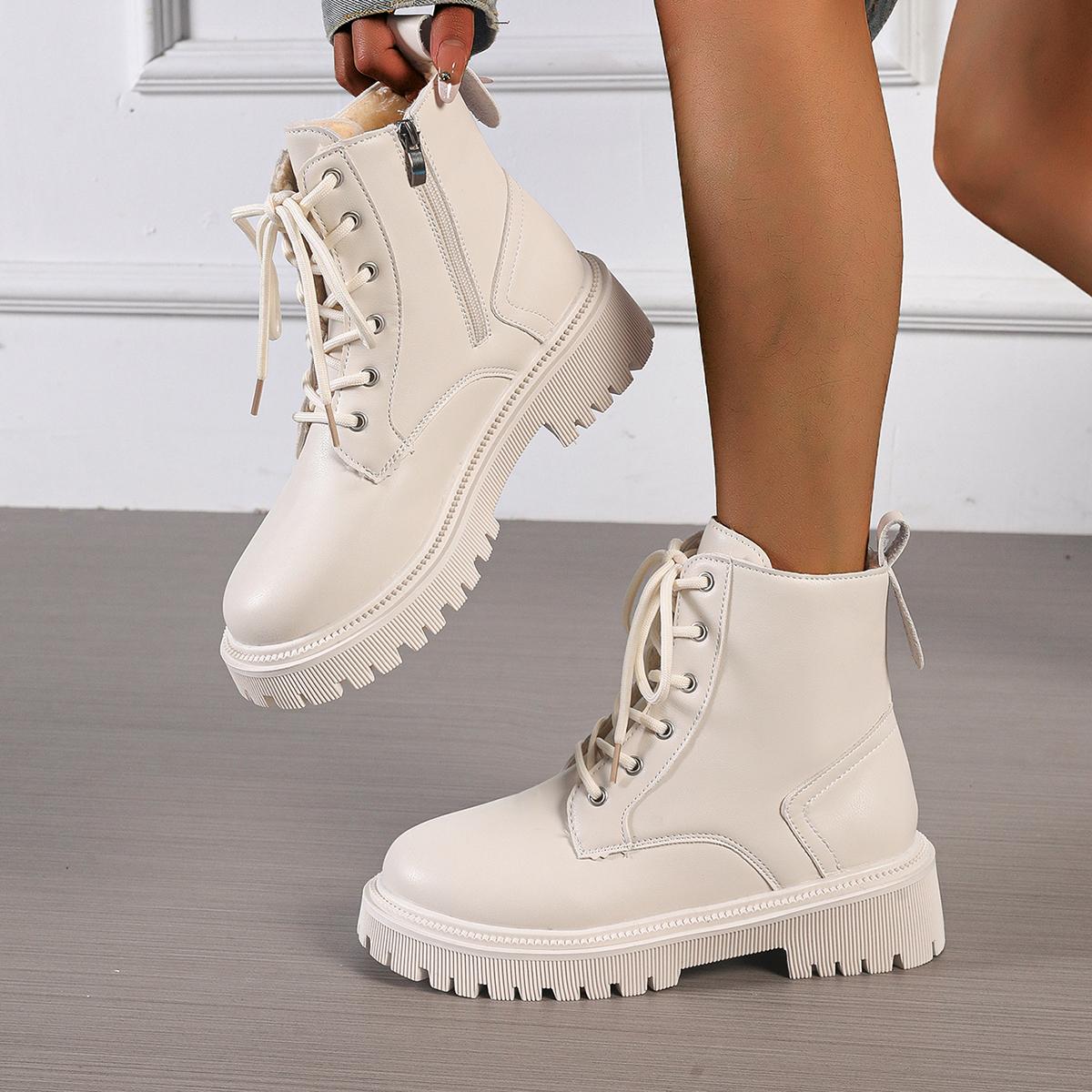 

мода 2024 года, модные зимние женские ботильоны, плюшевые теплые ботинки из искусственной кожи на платформе, женские нескользящие армейские ботинки на толстой подошве, размер плюс 42 42 бежевый