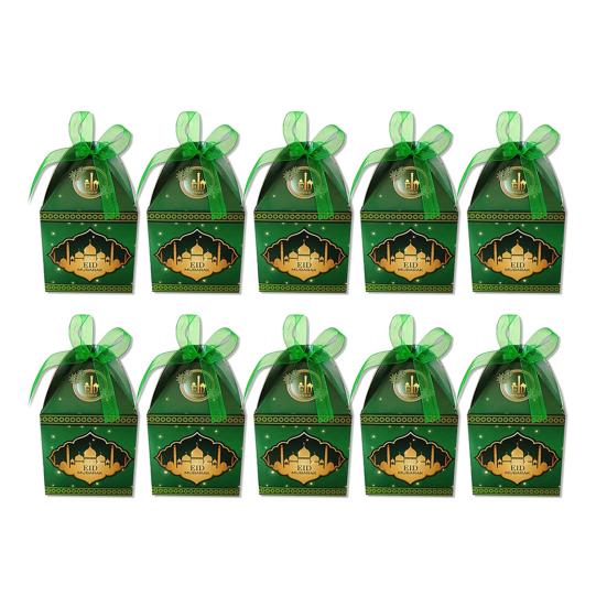 

10Pcs Eid Gift Box with Ribbon Bow Candy Treats Goodies Chocolates Cookie Storage Box Festival Paper Party Favors Present Packing Box зелений