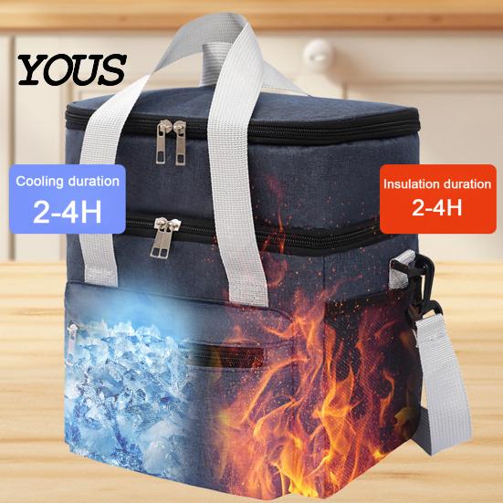 Large Capacity Lunch Cooler Insulated Double Deck Bag, Quilted Leakproof Thermal Tote, Bag for Soup Portable with Shoulder Strap Carrier