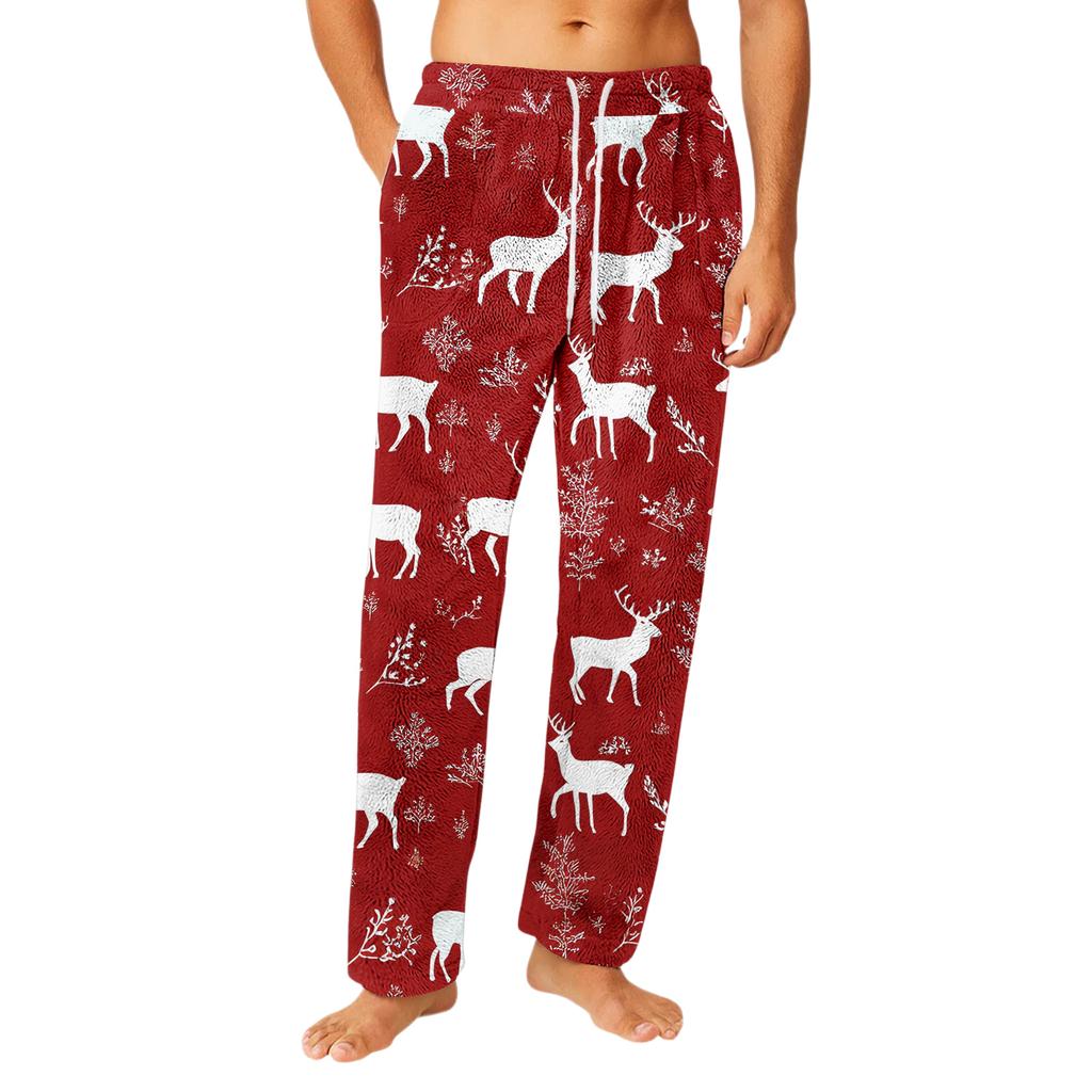 Men's Drawstring Pocket Flannel  Pants Homewear Sleep Pants